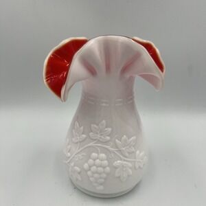 VTG‎ Kanawha Pink Cased Glass Vase w/ Ruby Red Interior Grape & Vine Ruffle
